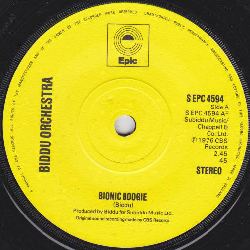 Biddu Orchestra - Bionic Boogie (7", Single, Sol)