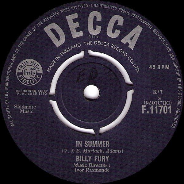 Billy Fury - In Summer (7", Single)
