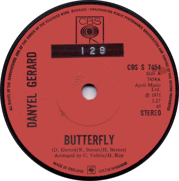 Danyel Gerard* - Butterfly (7", Single, Sol)