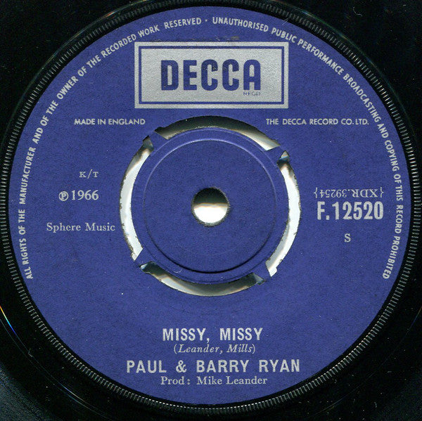 Paul & Barry Ryan - Missy, Missy / Rainbow Weather (7")