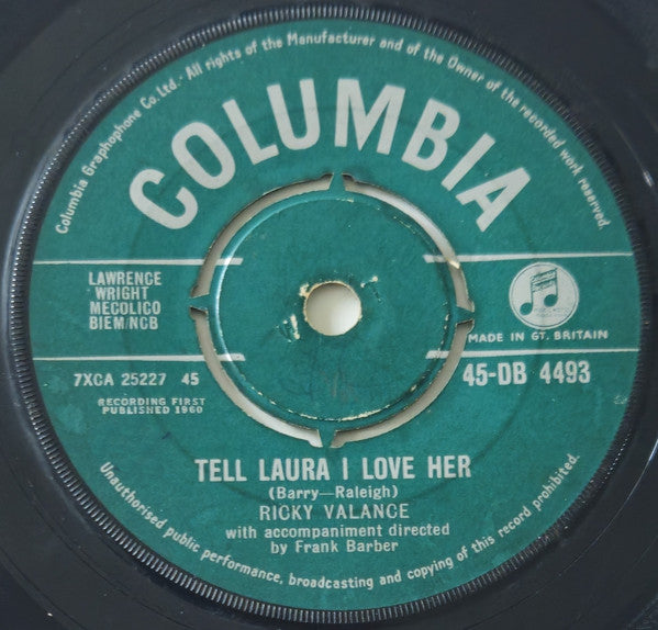 Ricky Valance - Tell Laura I Love Her (7", Single, Mono)