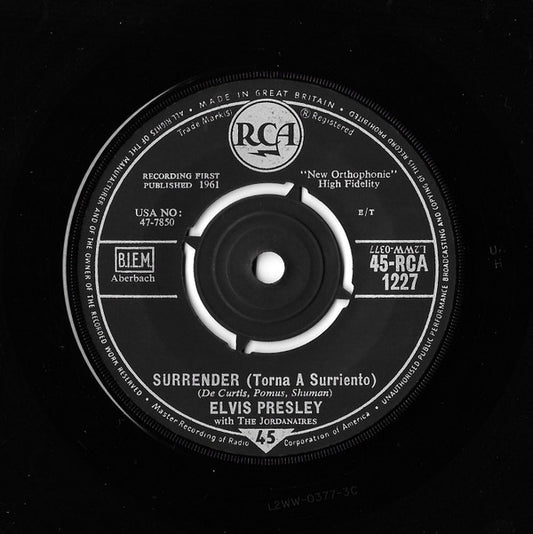 Elvis Presley With The Jordanaires - Surrender (Torna A Surriento) (7", Single)