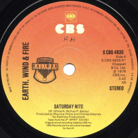 Earth, Wind & Fire - Saturday Nite (7", Single, Sol)