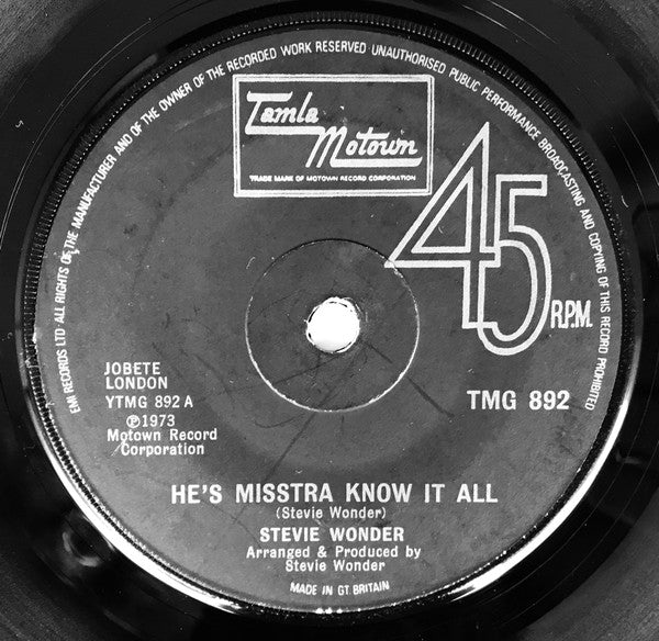 Stevie Wonder - He's Misstra Know It All (7", Single, Sol)