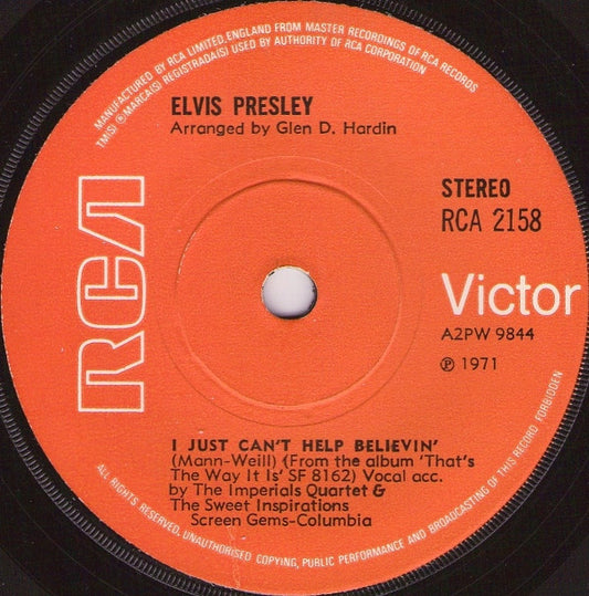 Elvis Presley - I Just Can't Help Believin' (7", Single, Sol)