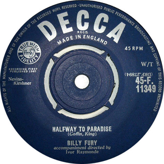 Billy Fury - Halfway To Paradise (7", Single, RP)