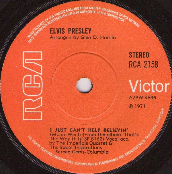 Elvis Presley - I Just Can't Help Believin' (7", Single, Sol)