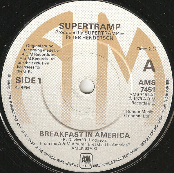 Supertramp - Breakfast In America (7", Single, Sol)
