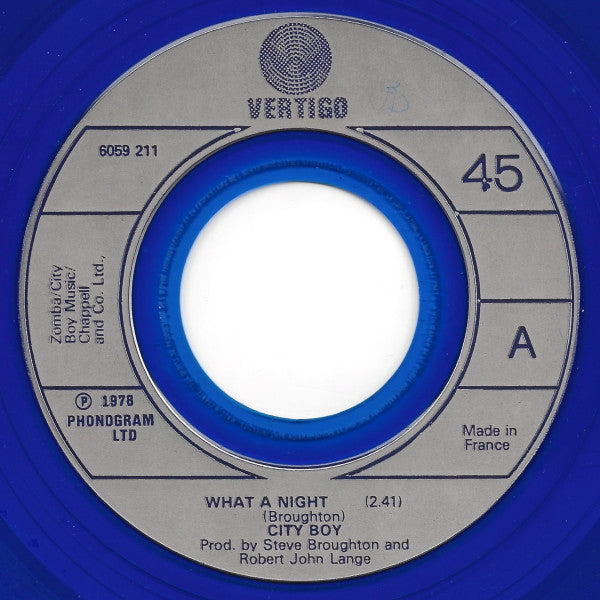 City Boy - What A Night (7", Single, Blu)