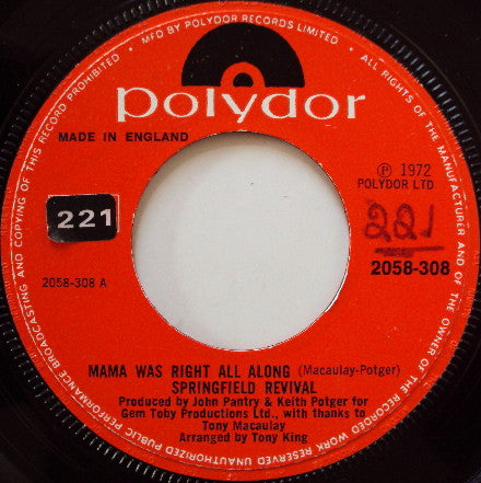 Springfield Revival - Mama Was Right All Along (7", Single)