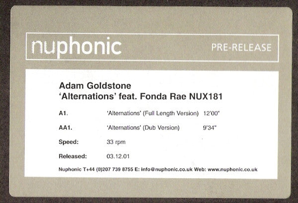 Adam Goldstone Feat. Fonda Rae - Alternations (12", Promo, W/Lbl)