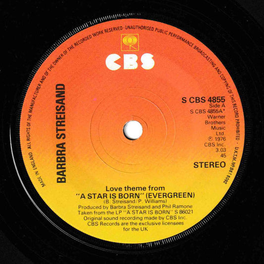 Barbra Streisand - Love Theme From "A Star Is Born" (Evergreen) (7", Single, Sol)