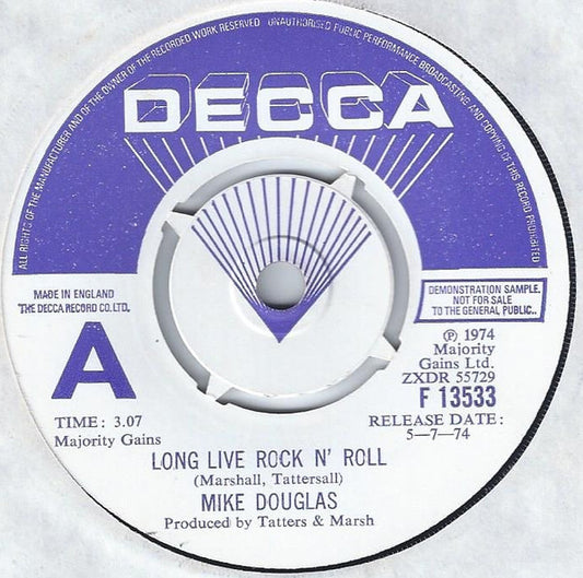 Mike Douglas (2) - Long Live Rock N' Roll (7", Single, Promo)