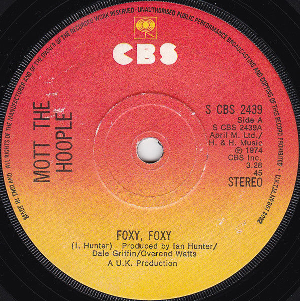 Mott The Hoople - Foxy, Foxy (7", Single, Sol)