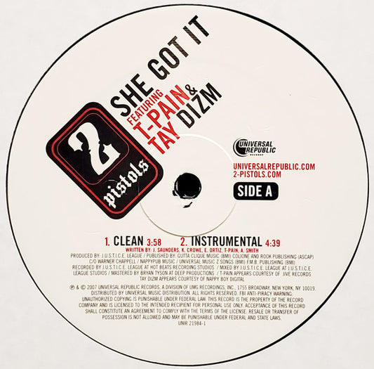 2 Pistols Featuring T-Pain & Tay Dizm - She Got It (12", Single, Promo)