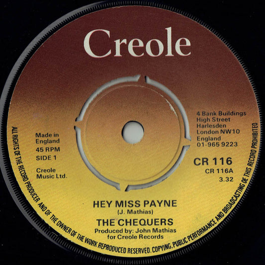 The Chequers - Hey Miss Payne (7", Single)