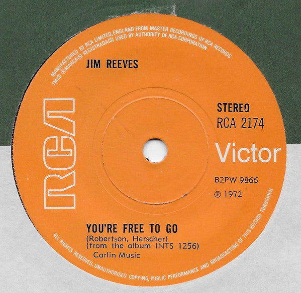 Jim Reeves - You're Free To Go (7", Single, Sol)