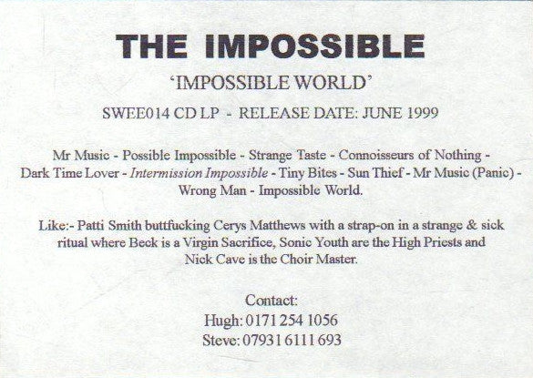 The Impossible (3) - Impossible World (CD, Album, Promo)