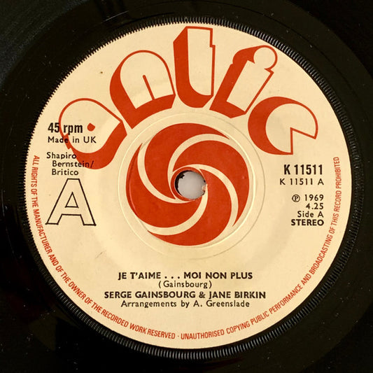 Serge Gainsbourg & Jane Birkin - Je T'aime ... Moi Non Plus (7", Single, RE)