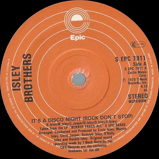 The Isley Brothers - It's A Disco Night (Rock Don't Stop) (7", Single, Ora)