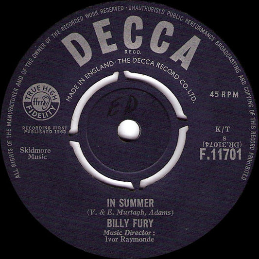 Billy Fury - In Summer (7", Single)