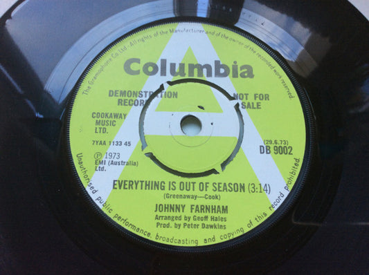 Johnny Farnham* - Everything Is Out Of Season / It's Up To You (7", Single, Promo)