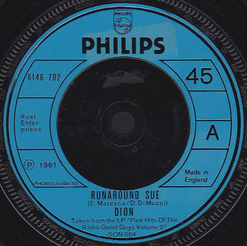 Dion (3) - Runaround Sue / Runaway Girl (7", Single, RE, Blu)
