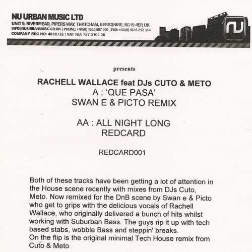 Rachel Wallace Feat. Dj Cuto & Meto* - Que Pasa / All Night Long (12", W/Lbl)