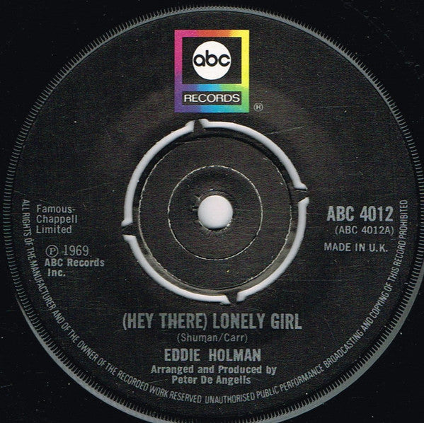 Eddie Holman - (Hey There) Lonely Girl (7", Single, RE)
