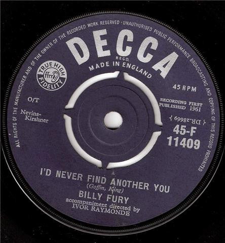 Billy Fury - I'd Never Find Another You / Sleepless Nights (7", Single)