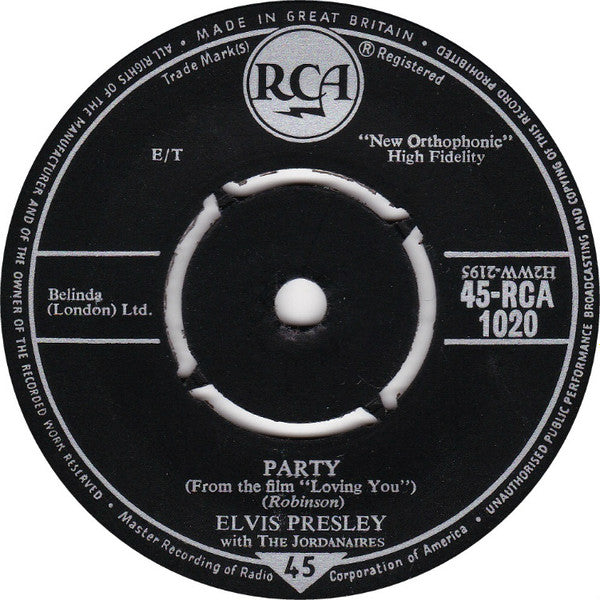 Elvis Presley With The Jordonaires* - Party (7", Single, Pus)