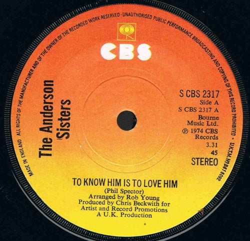The Anderson Sisters - To Know Him Is To Love Him (7")