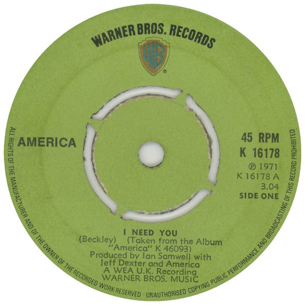 America (2) - I Need You (7", Single, Pus)