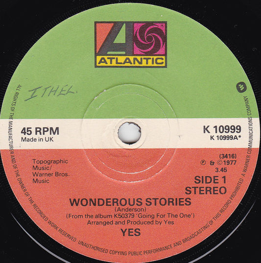 Yes - Wonderous Stories (7", Single, RP, Sol)