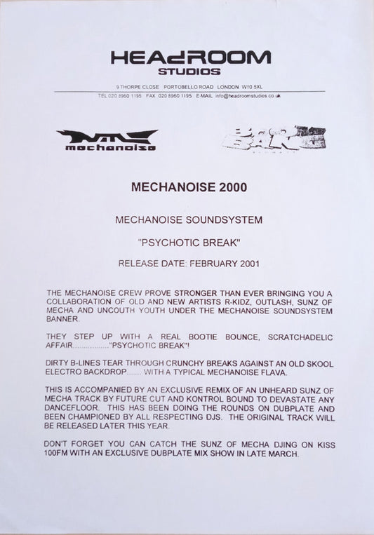 Mechanoise Sound System / Sons Of Mecha - Psycotic Break / Feel No Way (12", W/Lbl)