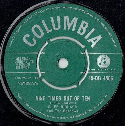 Cliff Richard And The Shadows* - Nine Times Out Of Ten (7", Single)