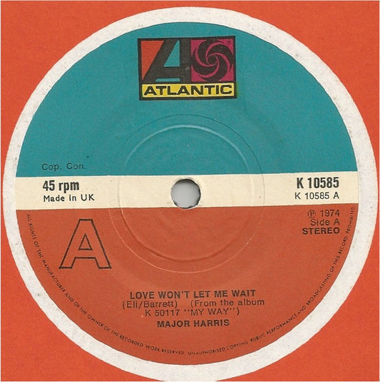 Major Harris - Love Won't Let Me Wait (7", Single, Sol)