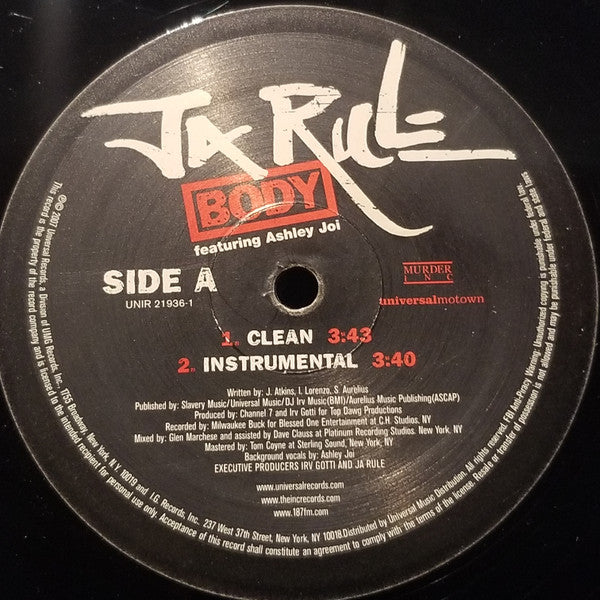 Ja Rule Featuring Ashley Joi - Body (12", Single, Promo)