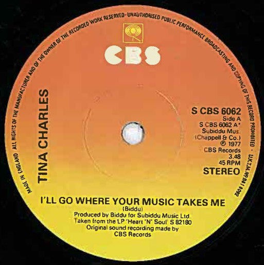 Tina Charles - I'll Go Where Your Music Takes Me (7", Single, Pap)
