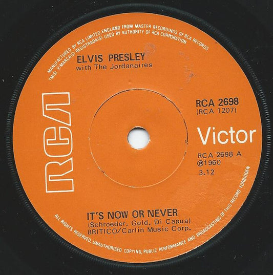 Elvis Presley With The Jordanaires - It's Now Or Never / Make Me Know It (7", RE, Sol)