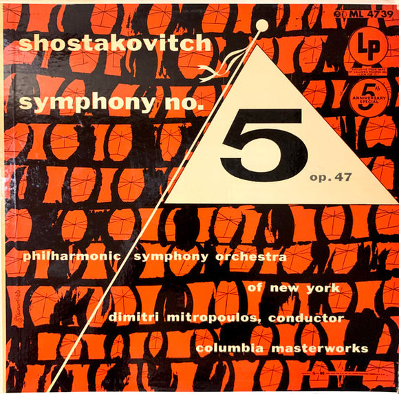 Shostakovitch* - Philharmonic Symphony Orchestra Of New York* / Dimitri Mitropoulos - Symphony No. 5 Op. 47 (LP, Album, Mono, RE)