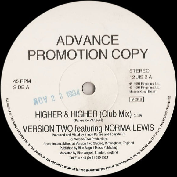 Version Two featuring Norma Lewis - Higher & Higher (12
