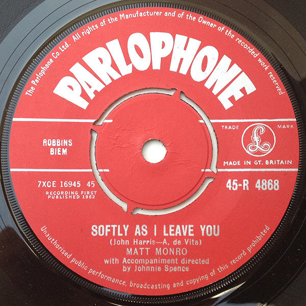 Matt Monro - Softly As I Leave You (7", Single)