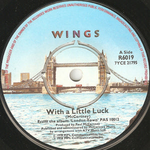 Wings (2) - With A Little Luck (7", Single, Kno)