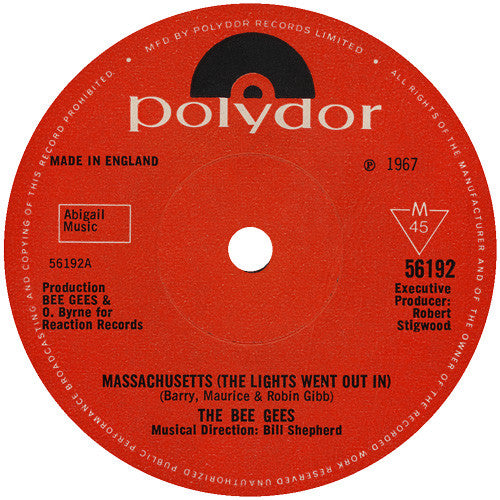 The Bee Gees* - Massachusetts (The Lights Went Out In) (7", Single, Sol)