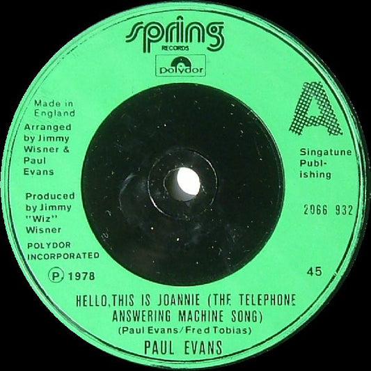 Paul Evans - Hello, This Is Joannie (The Telephone Answering Machine Song) (7", Single)
