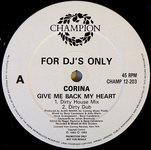 Corina - Give Me Back My Heart (12", Promo)