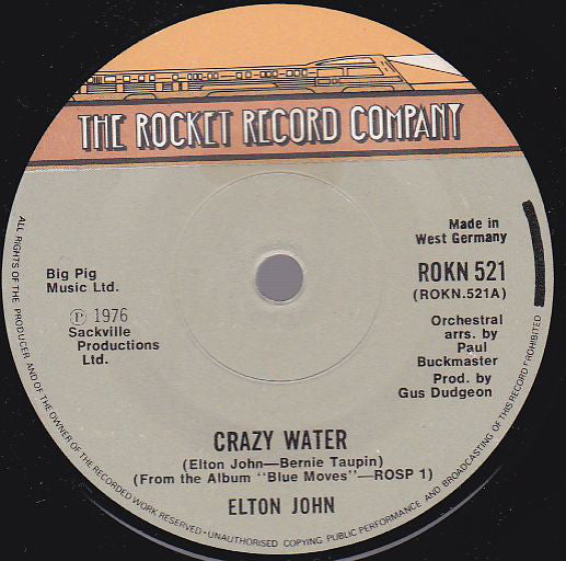 Elton John - Crazy Water (7", Single, Sol)