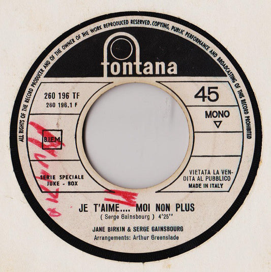 Jane Birkin & Serge Gainsbourg - Je T'aime...Moi Non Plus (7", Mono, Jukebox)