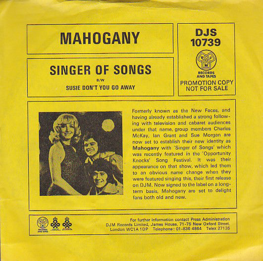 Mahogany (22) - Singer Of Songs / Susie Don't You Go Away (7